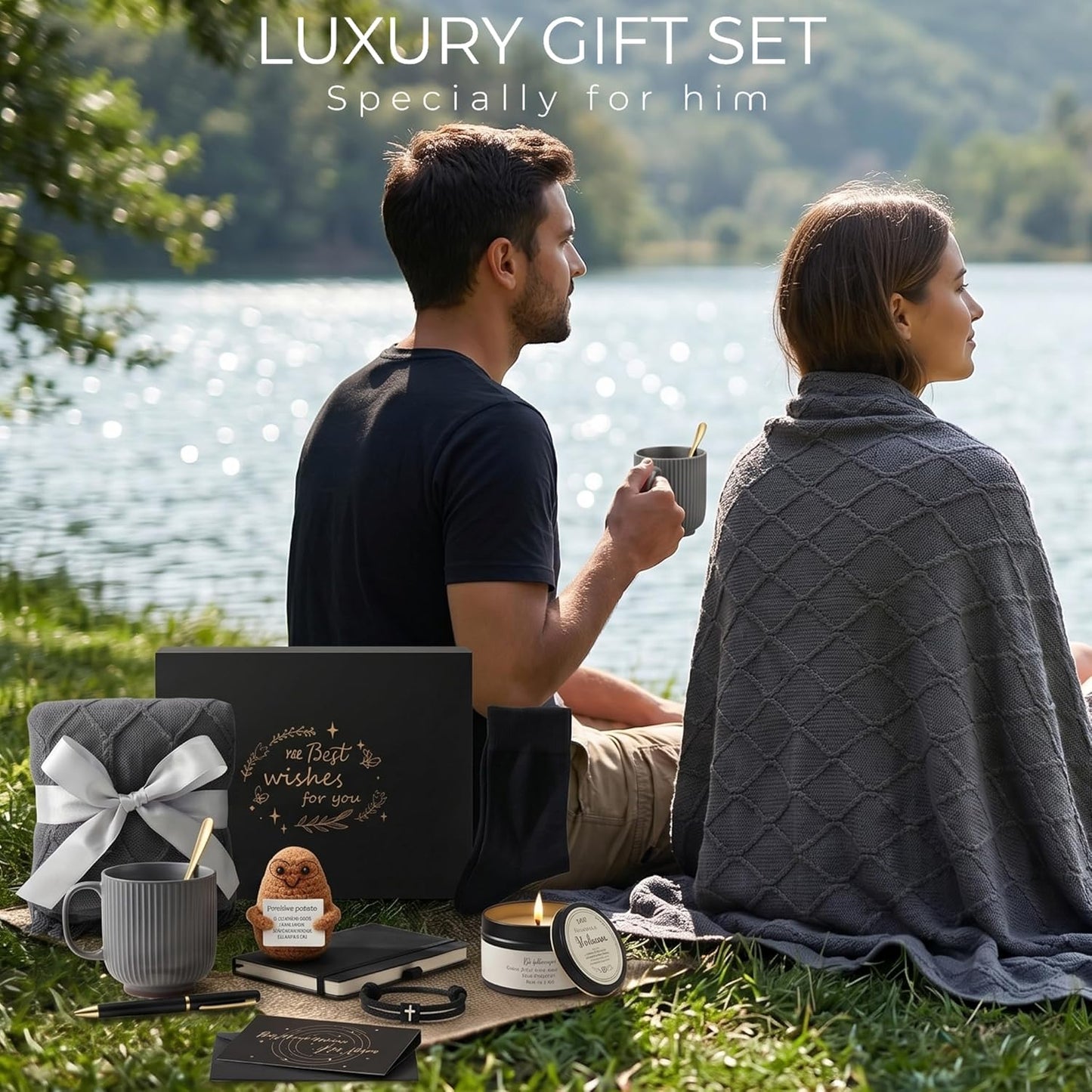 Fathers Day Get Well Soon Gift Baskets for Men- Self Care Package, Birthday Basket for Him, Grey Blanket Get Well, Gifts for Men Brother Uncle Dad Boyfriend