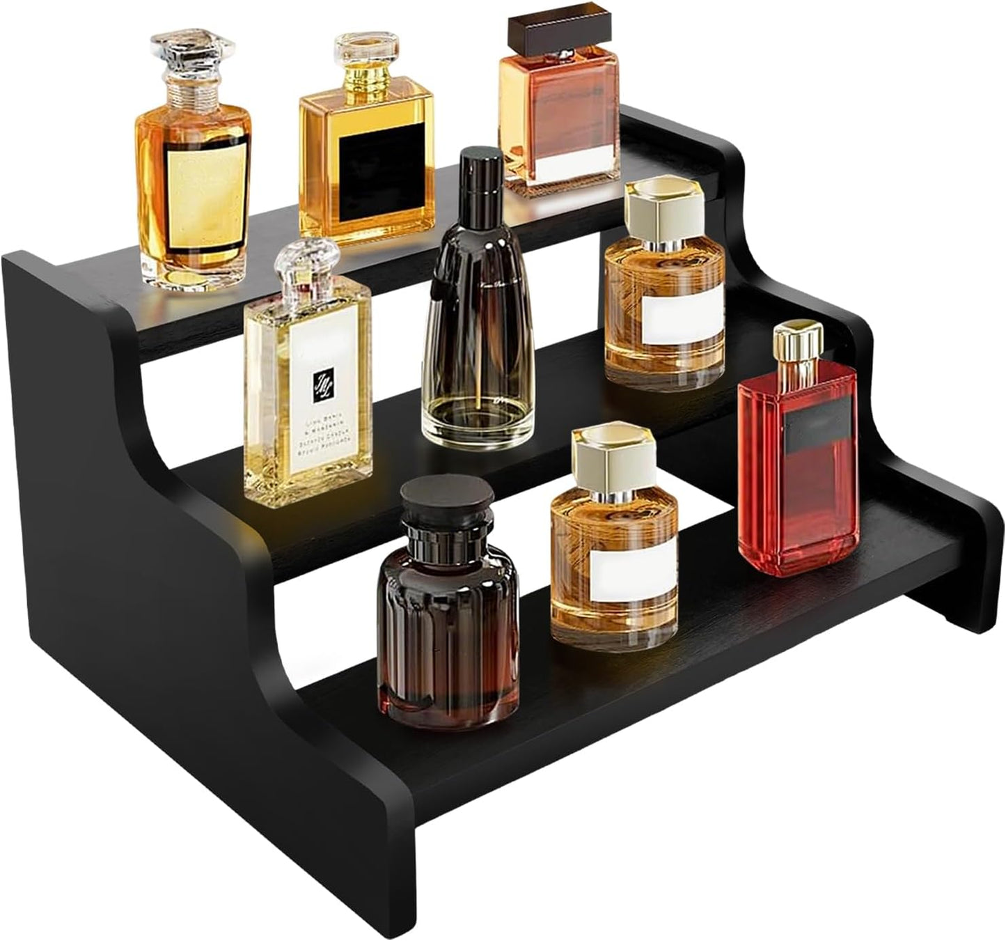 3 Tier Display Risers, Wooden Cologne Organizer for Men, Perfume Organizer Stand, Cologne Stand with Anti-Slip Washers, Wooden Display Shelf Stand for Dessert, Cupcake, Figure and Collection, Black, 3-Tier-9.4In