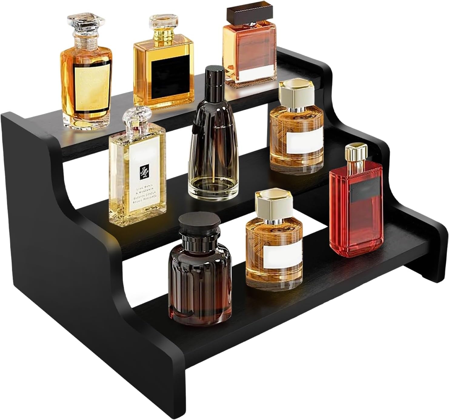 3 Tier Display Risers, Wooden Cologne Organizer for Men, Perfume Organizer Stand, Cologne Stand with Anti-Slip Washers, Wooden Display Shelf Stand for Dessert, Cupcake, Figure and Collection, Black, 3-Tier-9.4In