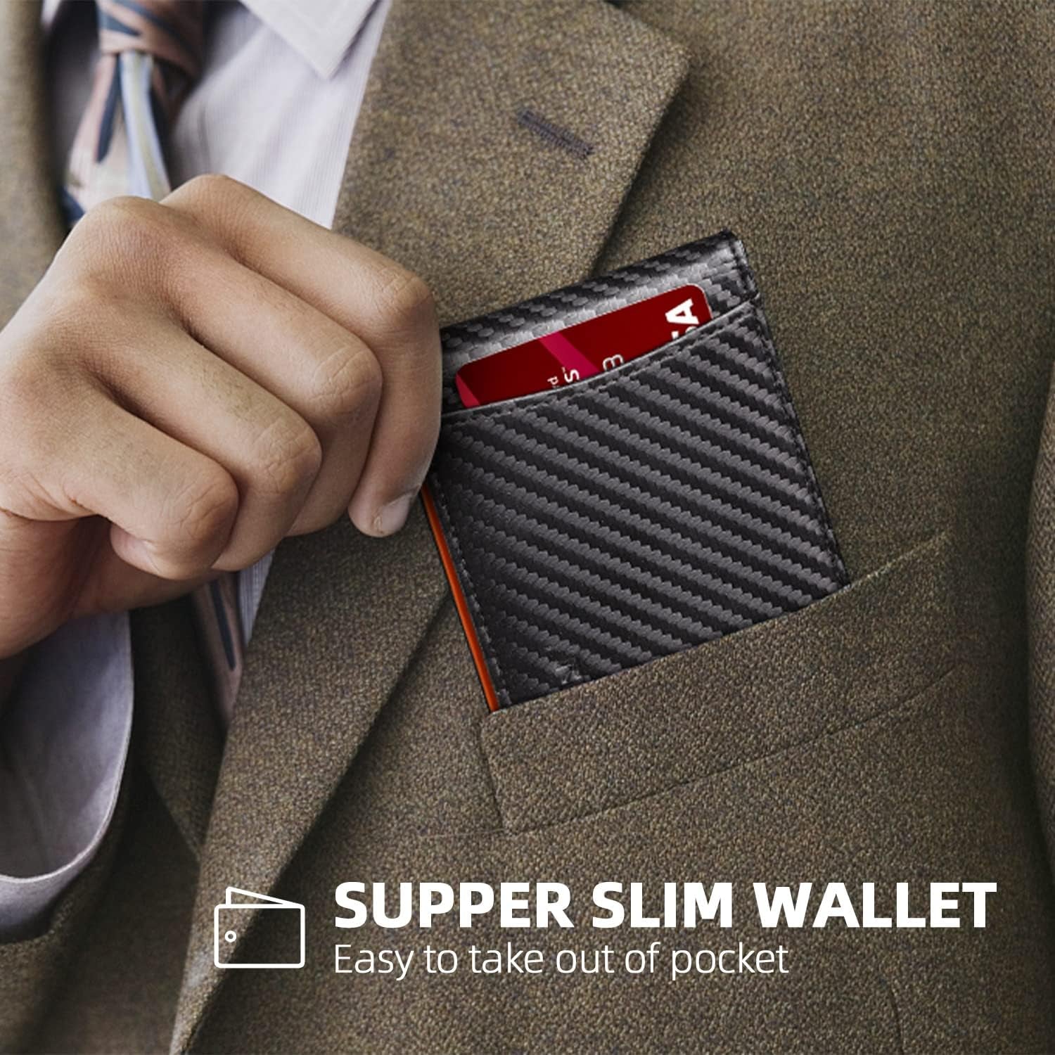 Slim Wallets for Men with RFID Blocking & Minimalist Mens Front Pocket Wallet Leather Black&Inner Orange